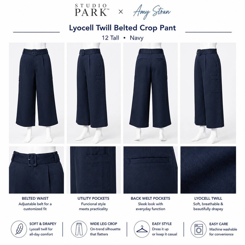 Studio Park x Amy Stran Navy Lyocell‎ Twill Belted Wide Leg Crop Pants 12 Tall